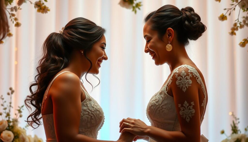 Casais LGBTQIA+ trocando votos de casamento
